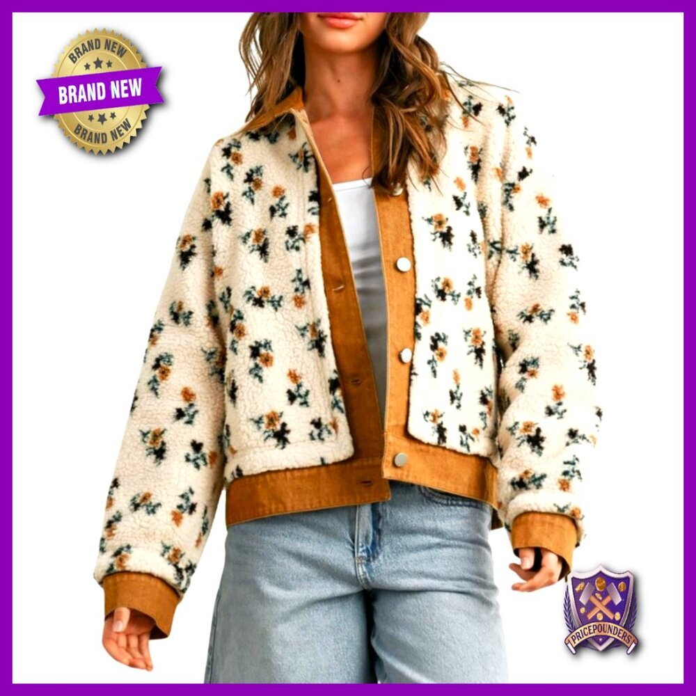 Oversized Sherpa Fleece Jacket Denim Collar Floral Print Button Front Pockets